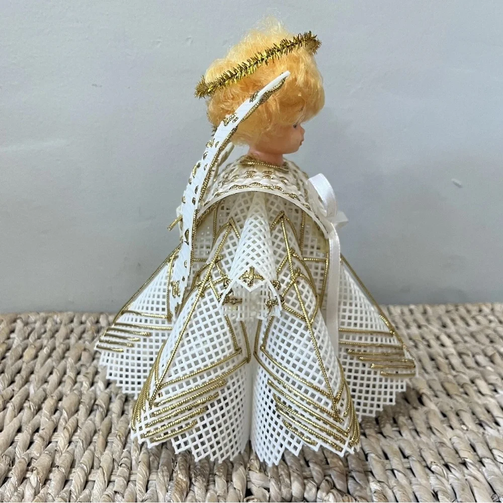 Vintage Angel Christmas Tree Topper White Gold Embelishments 8.5” Tall MCM blond